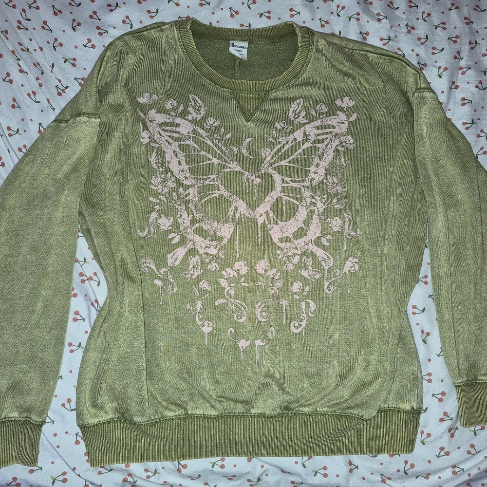 No Boundaries Olive Butterfly Print Women's Sweater